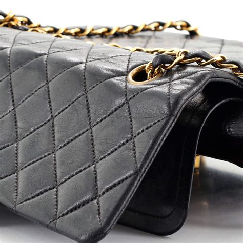 chanel vintage quilted lambskin classic flap bag -7''x10''- black|original chanel classic flap bag.